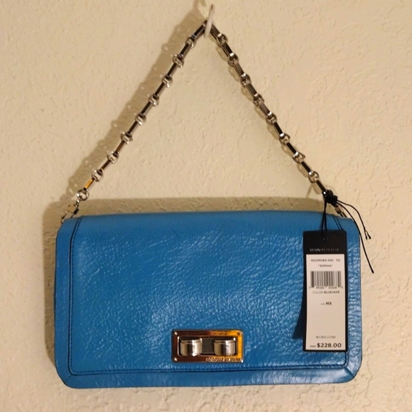 BCBGMaxAzria Sophia Blue Jade Leather Small Handbag With Chain Strap - Picture 6 of 10